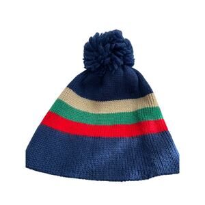 Vintage Snuggler Wool Ski Beanie Pom Pom Blue Striped 70s 80s Retro Made USA